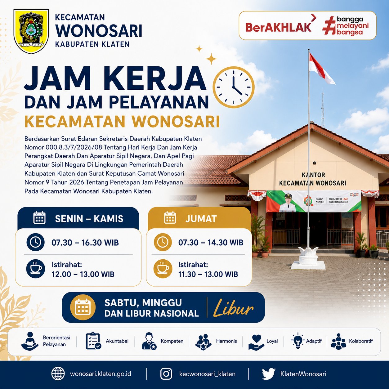 JAM KERJA & JAM PELAYANAN KECAMATAN WONOSARI